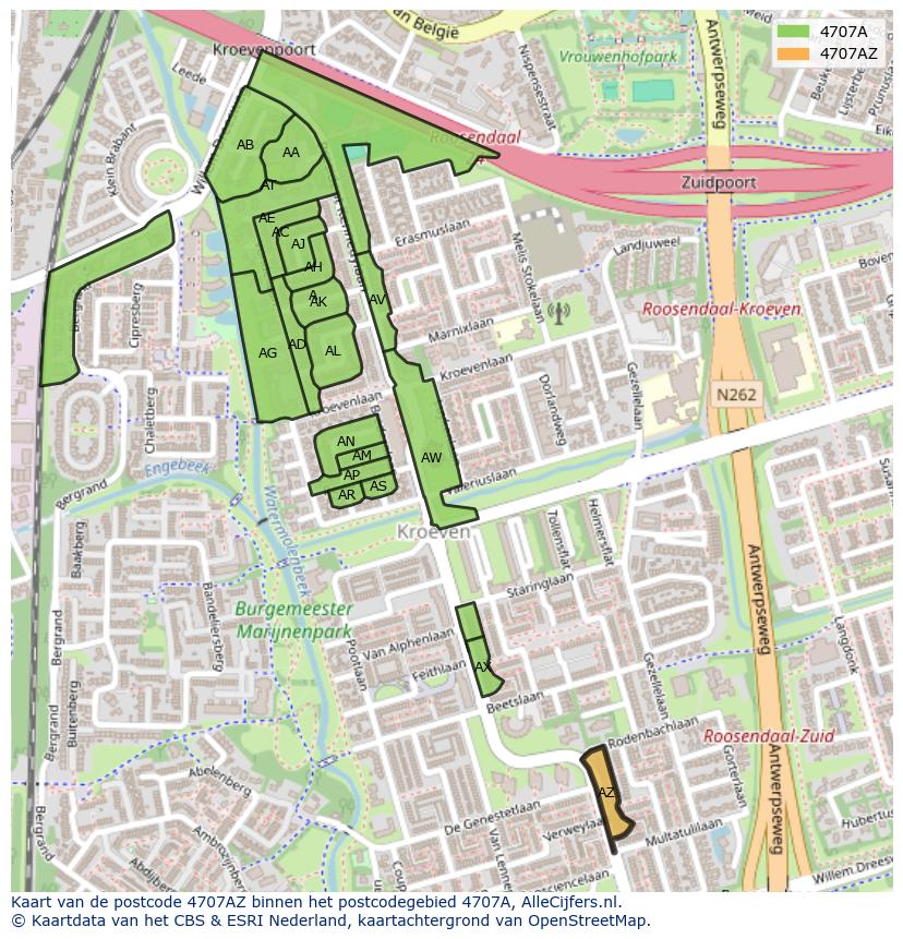 Afbeelding van het postcodegebied 4707 AZ op de kaart.