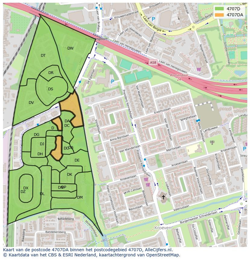 Afbeelding van het postcodegebied 4707 DA op de kaart.