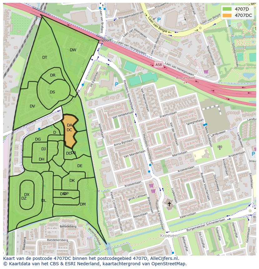 Afbeelding van het postcodegebied 4707 DC op de kaart.