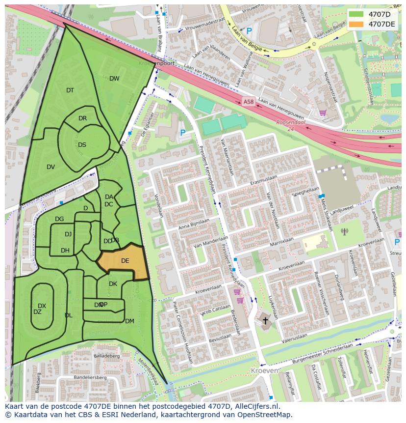 Afbeelding van het postcodegebied 4707 DE op de kaart.