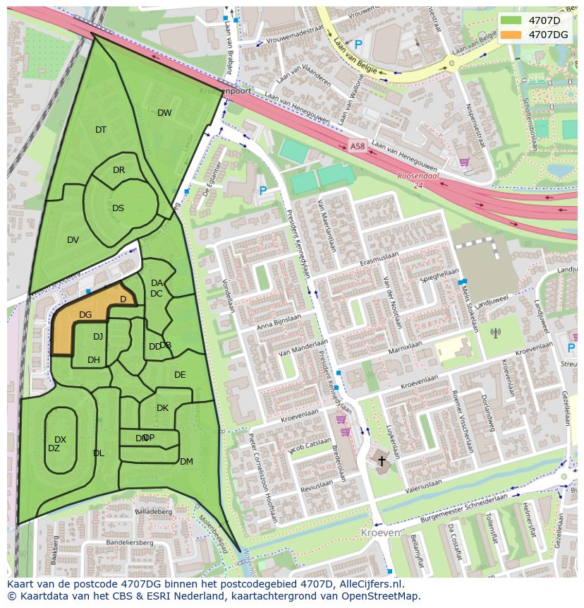 Afbeelding van het postcodegebied 4707 DG op de kaart.
