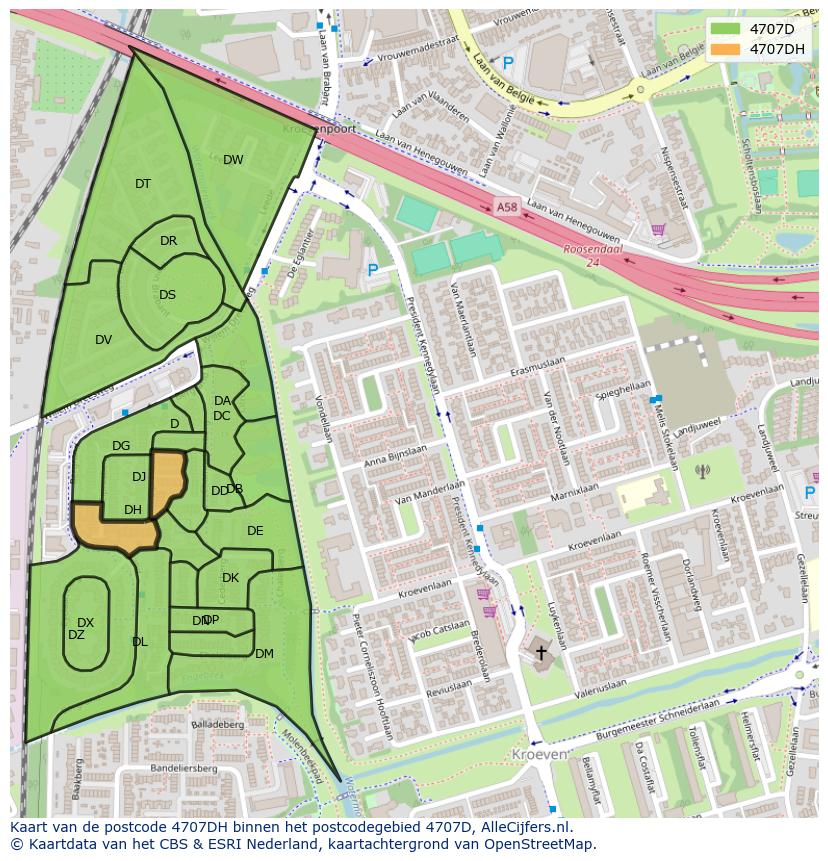 Afbeelding van het postcodegebied 4707 DH op de kaart.