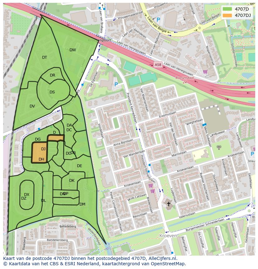 Afbeelding van het postcodegebied 4707 DJ op de kaart.