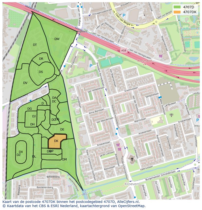 Afbeelding van het postcodegebied 4707 DK op de kaart.