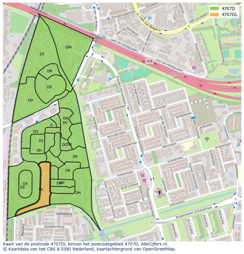 Afbeelding van het postcodegebied 4707 DL op de kaart.