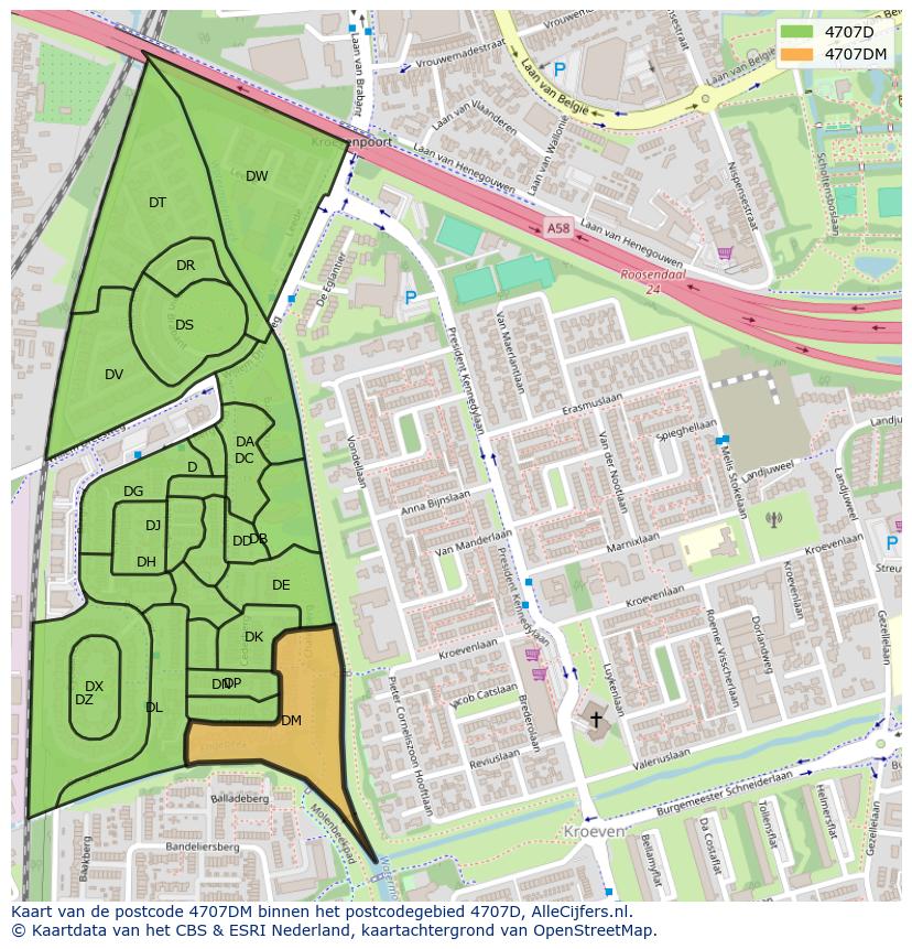 Afbeelding van het postcodegebied 4707 DM op de kaart.