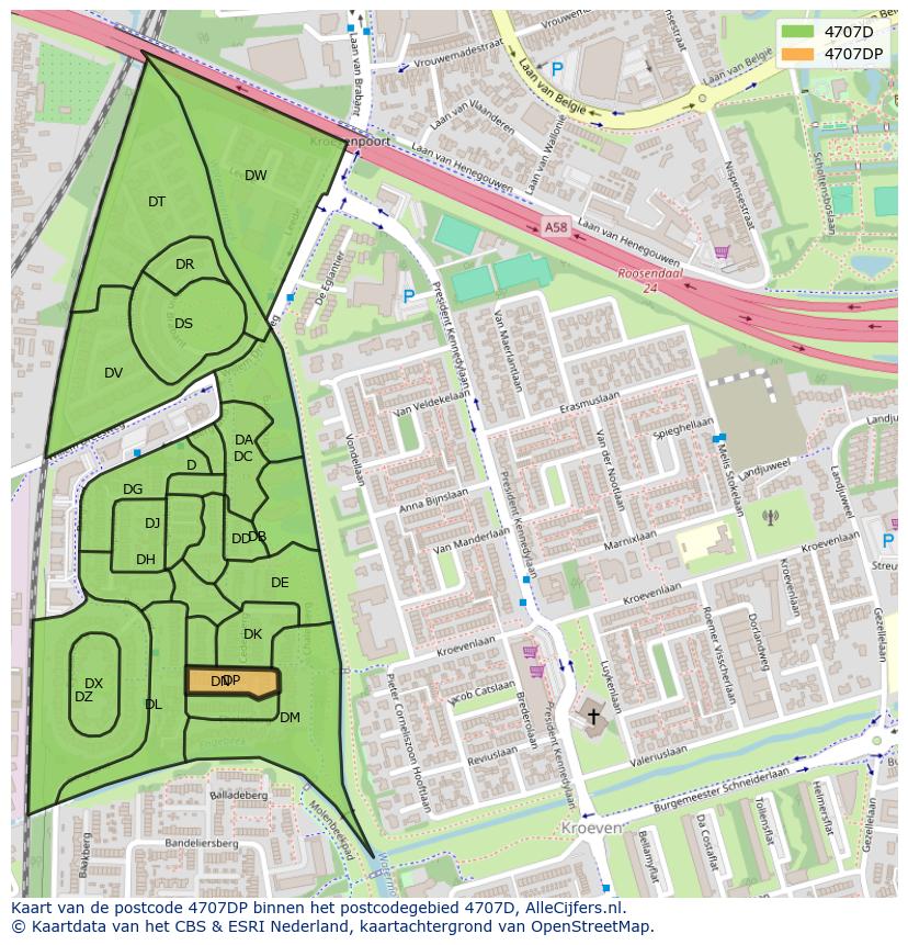 Afbeelding van het postcodegebied 4707 DP op de kaart.