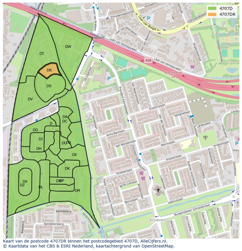 Afbeelding van het postcodegebied 4707 DR op de kaart.