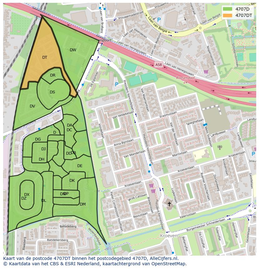 Afbeelding van het postcodegebied 4707 DT op de kaart.
