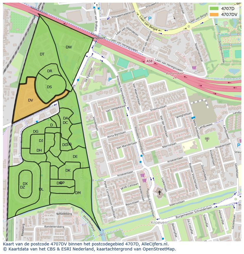 Afbeelding van het postcodegebied 4707 DV op de kaart.