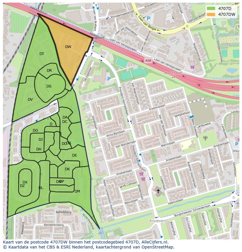 Afbeelding van het postcodegebied 4707 DW op de kaart.