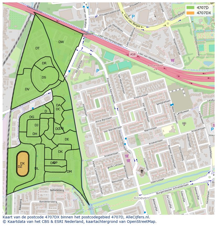 Afbeelding van het postcodegebied 4707 DX op de kaart.