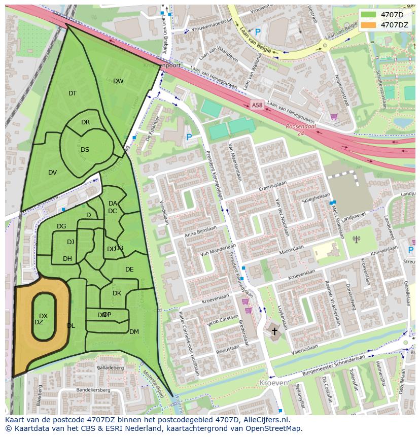 Afbeelding van het postcodegebied 4707 DZ op de kaart.