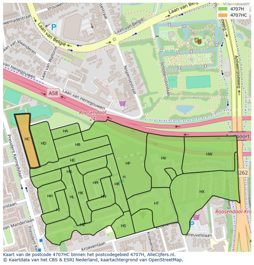 Afbeelding van het postcodegebied 4707 HC op de kaart.