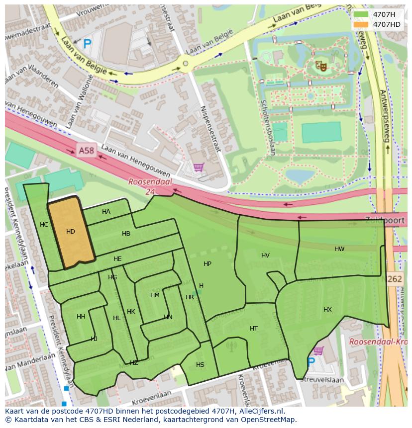 Afbeelding van het postcodegebied 4707 HD op de kaart.