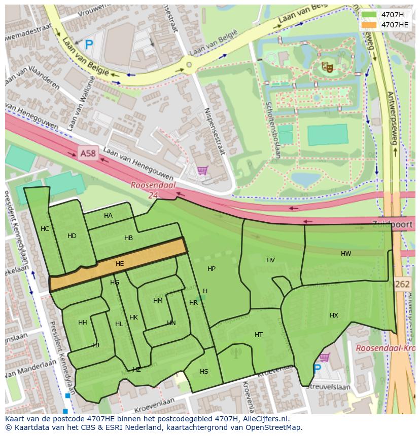 Afbeelding van het postcodegebied 4707 HE op de kaart.