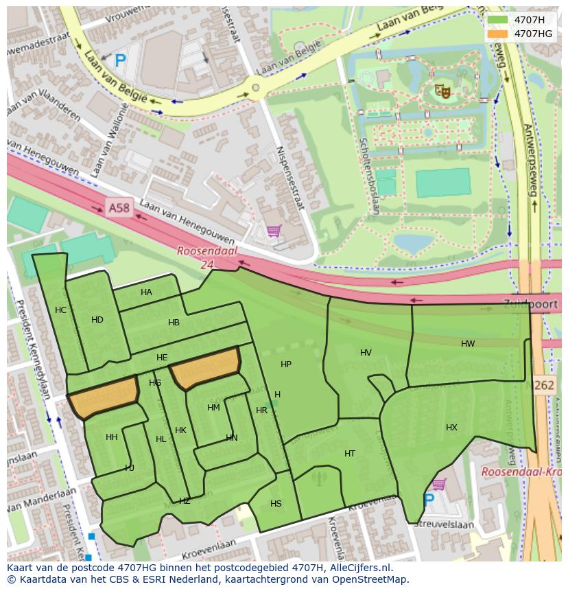 Afbeelding van het postcodegebied 4707 HG op de kaart.