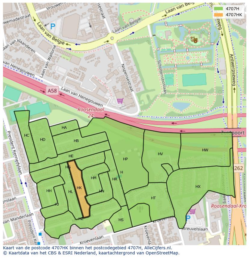 Afbeelding van het postcodegebied 4707 HK op de kaart.