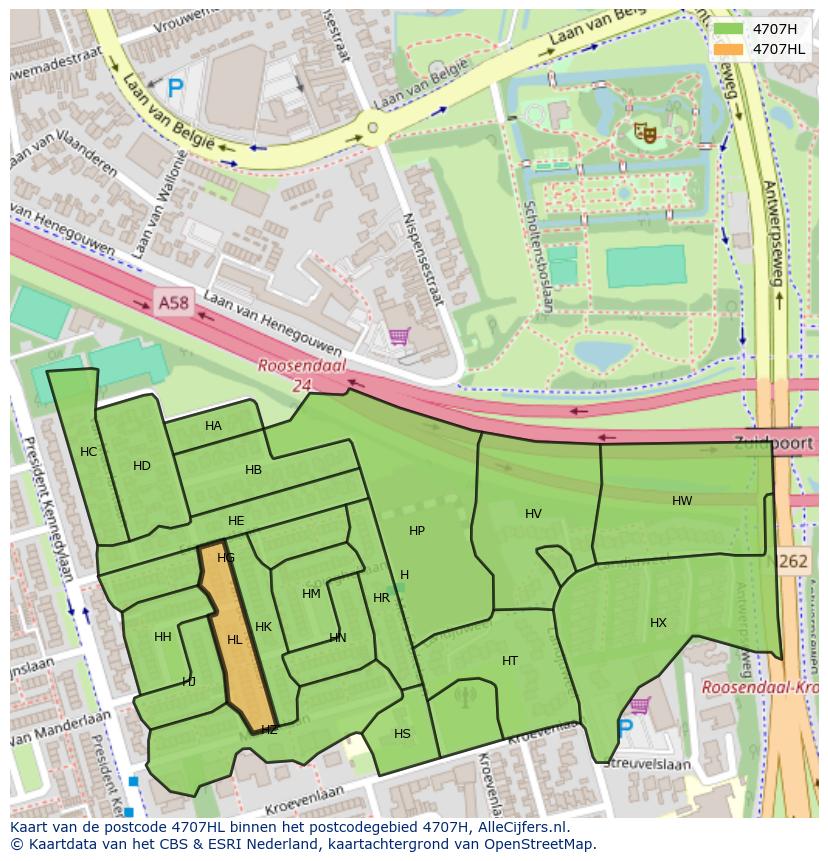 Afbeelding van het postcodegebied 4707 HL op de kaart.