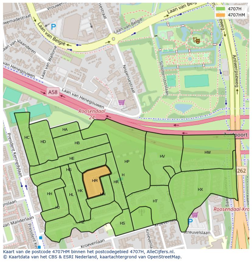 Afbeelding van het postcodegebied 4707 HM op de kaart.