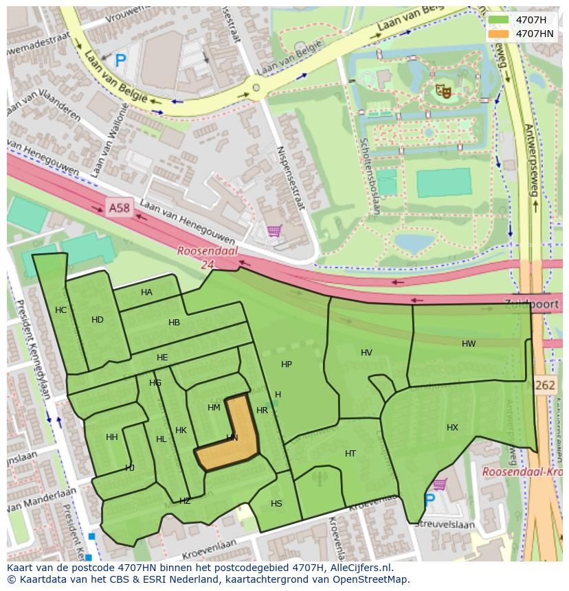Afbeelding van het postcodegebied 4707 HN op de kaart.