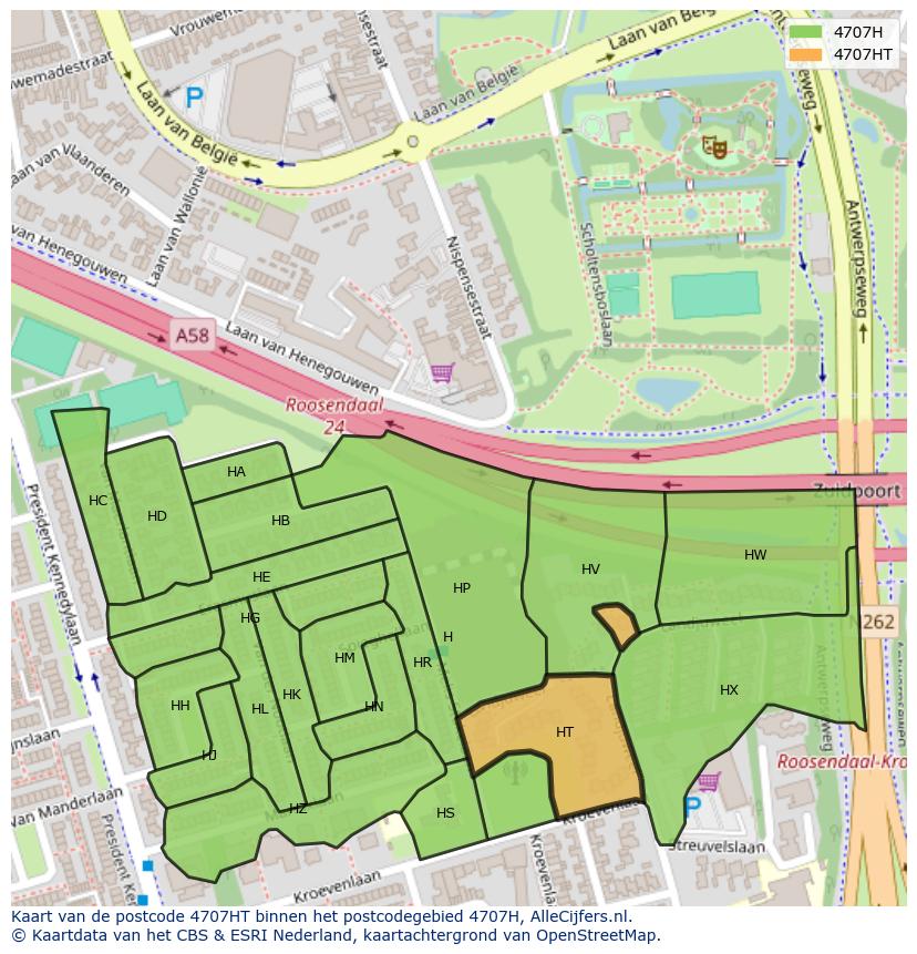 Afbeelding van het postcodegebied 4707 HT op de kaart.