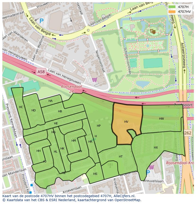 Afbeelding van het postcodegebied 4707 HV op de kaart.