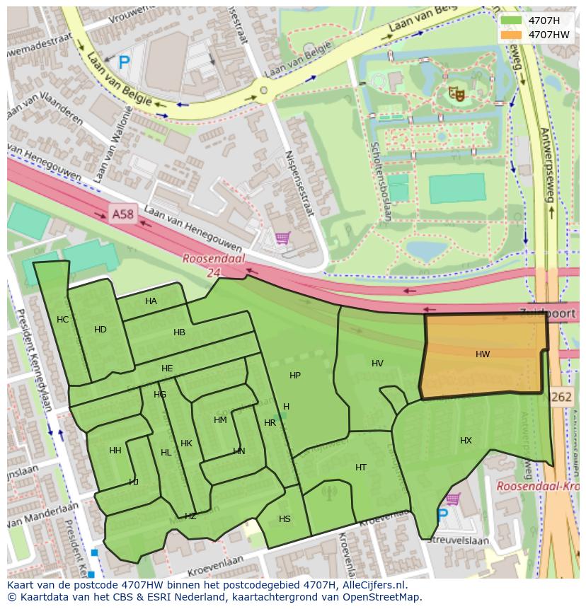 Afbeelding van het postcodegebied 4707 HW op de kaart.