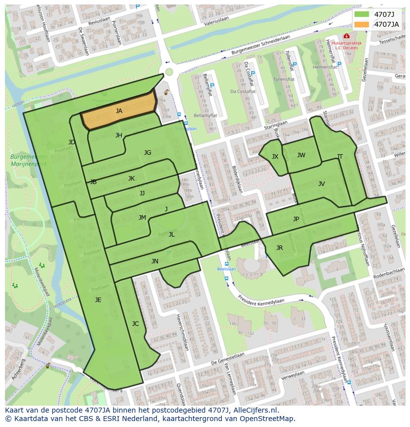 Afbeelding van het postcodegebied 4707 JA op de kaart.