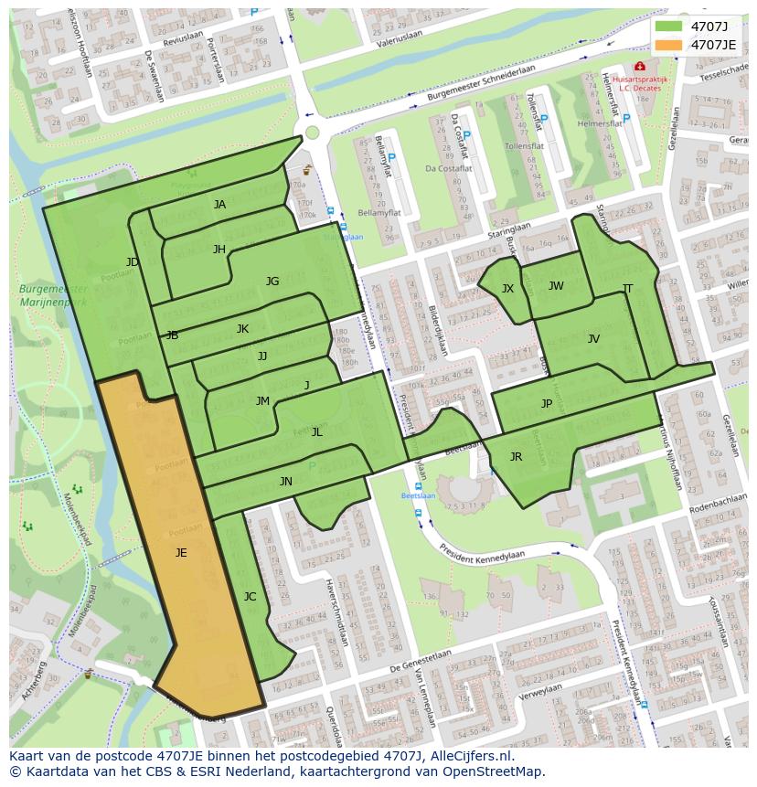 Afbeelding van het postcodegebied 4707 JE op de kaart.
