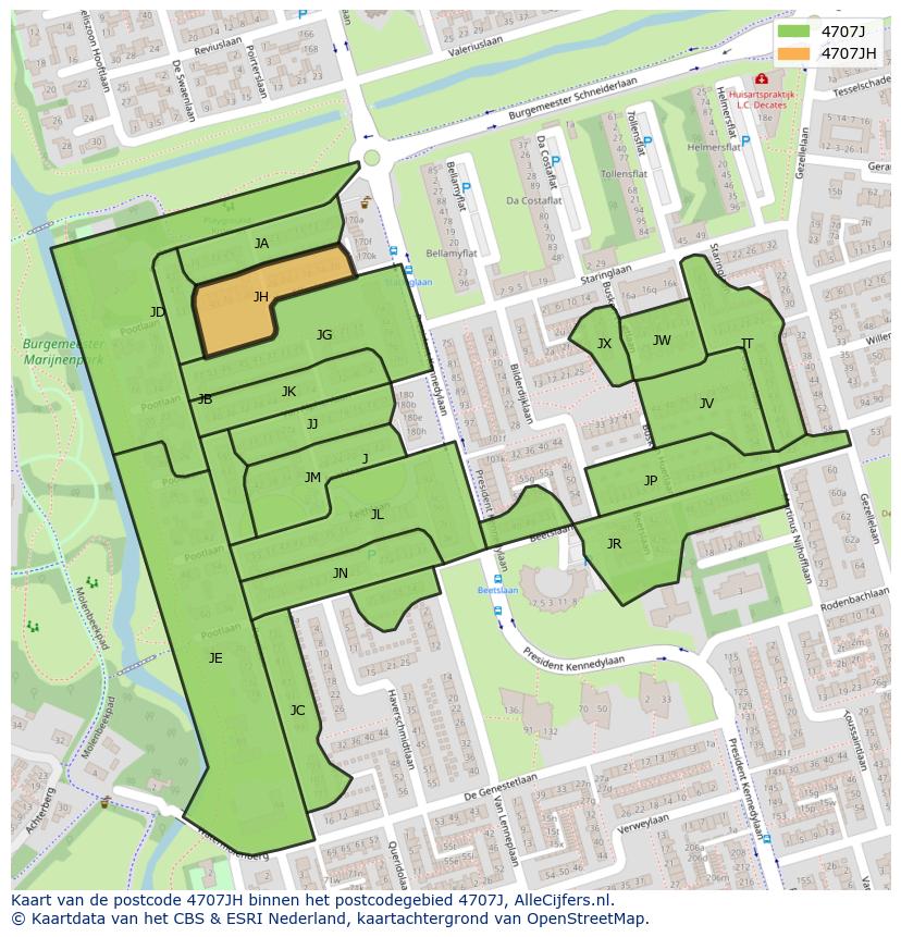 Afbeelding van het postcodegebied 4707 JH op de kaart.