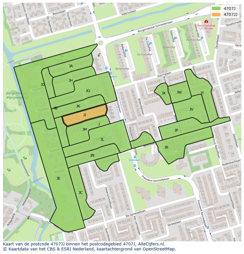 Afbeelding van het postcodegebied 4707 JJ op de kaart.