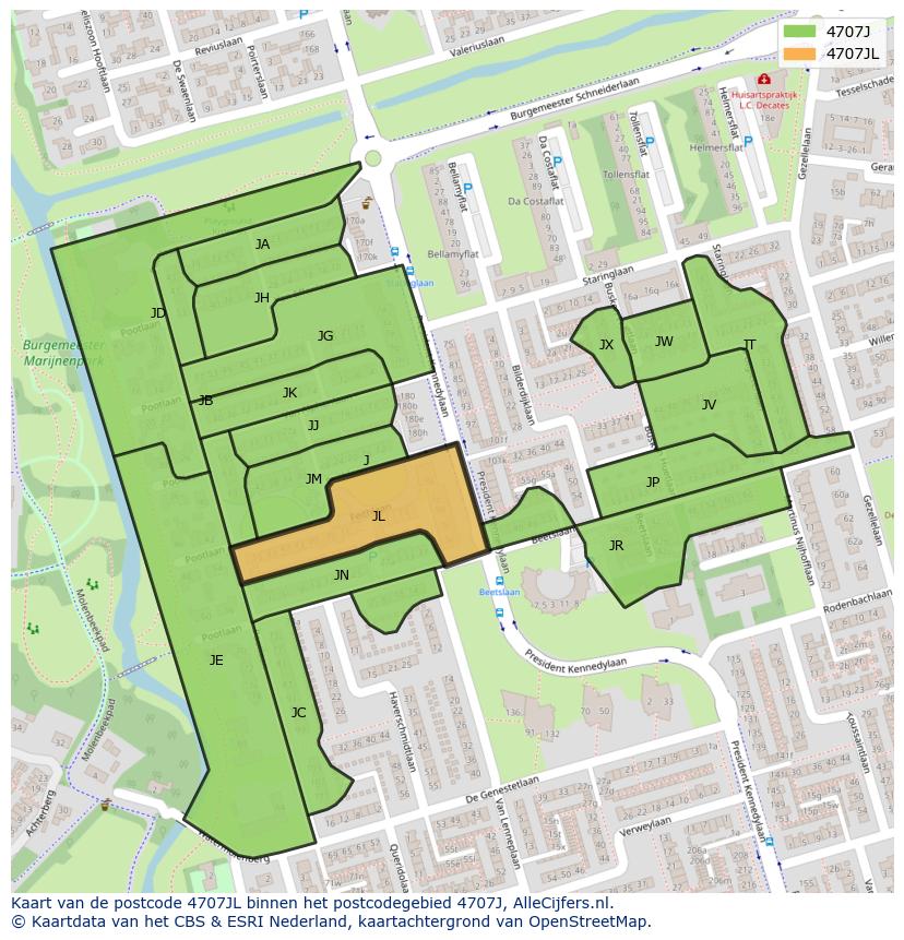 Afbeelding van het postcodegebied 4707 JL op de kaart.