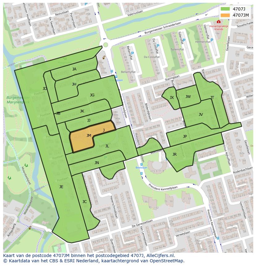 Afbeelding van het postcodegebied 4707 JM op de kaart.