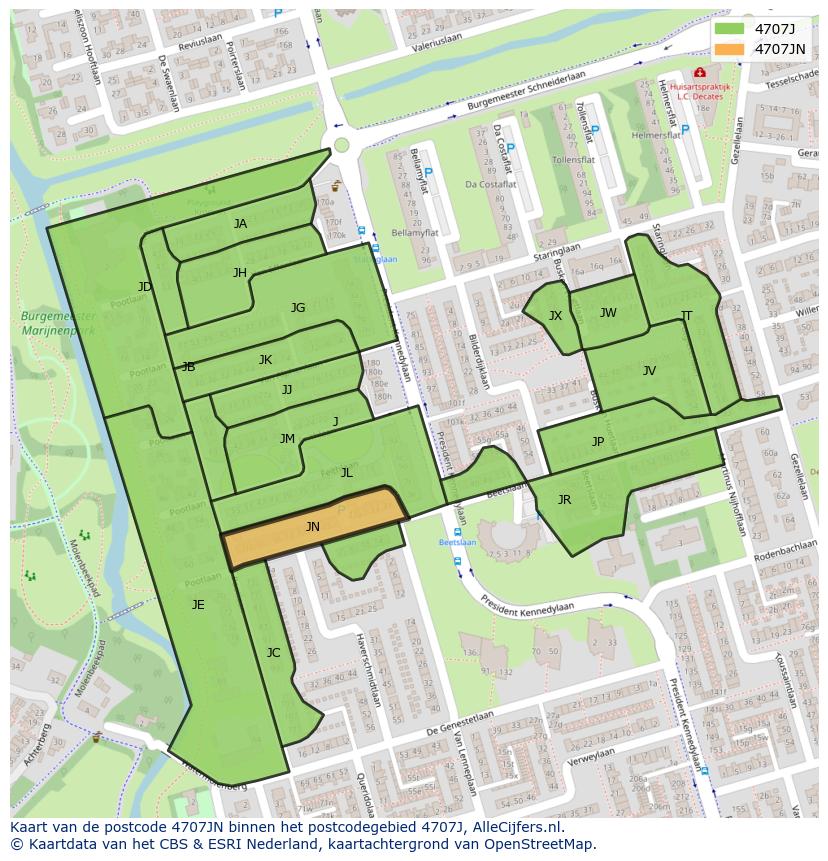 Afbeelding van het postcodegebied 4707 JN op de kaart.