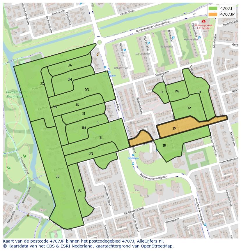 Afbeelding van het postcodegebied 4707 JP op de kaart.