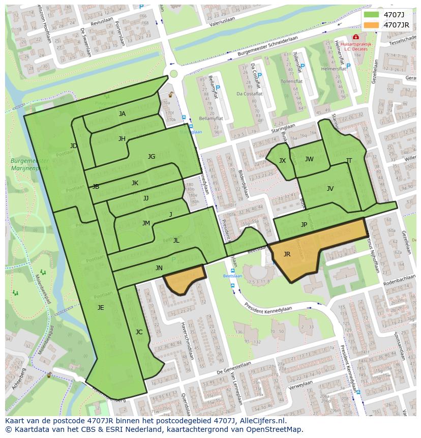 Afbeelding van het postcodegebied 4707 JR op de kaart.