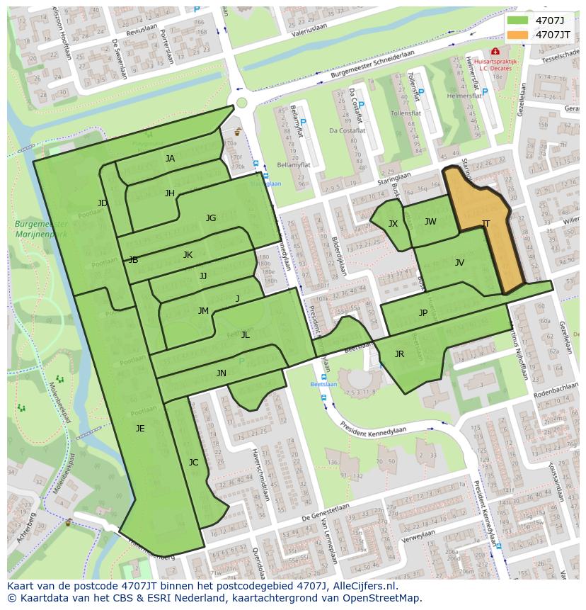 Afbeelding van het postcodegebied 4707 JT op de kaart.