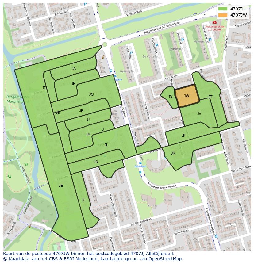 Afbeelding van het postcodegebied 4707 JW op de kaart.