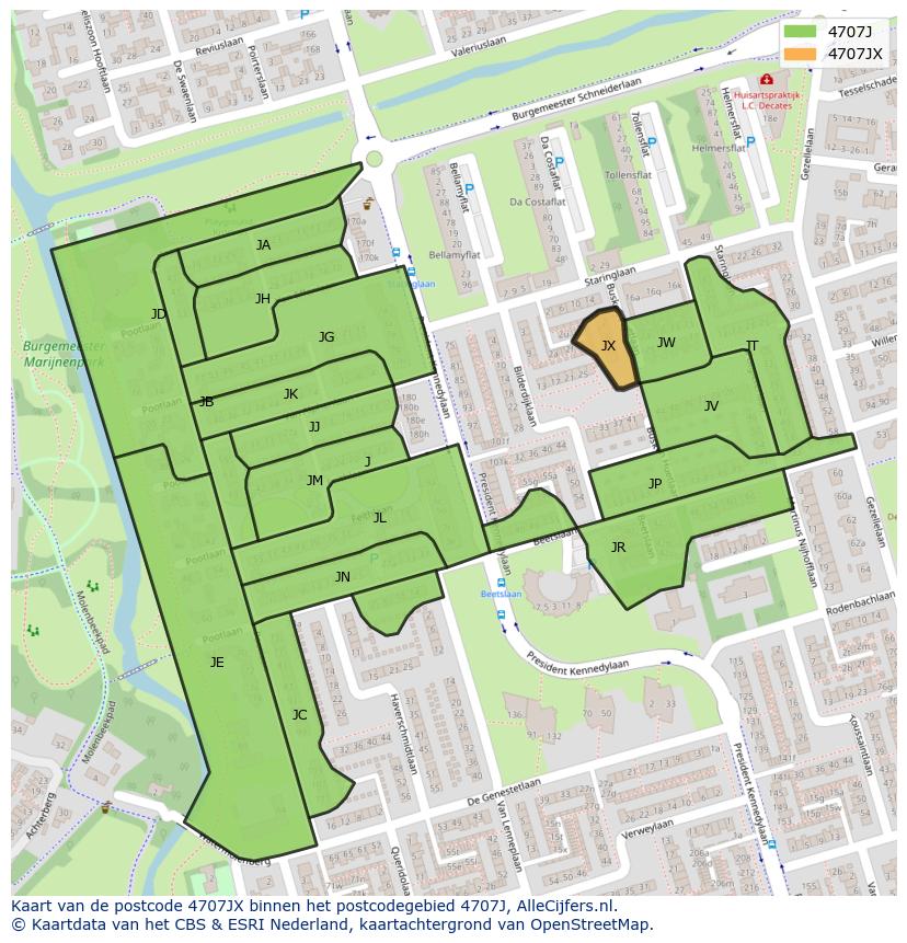 Afbeelding van het postcodegebied 4707 JX op de kaart.