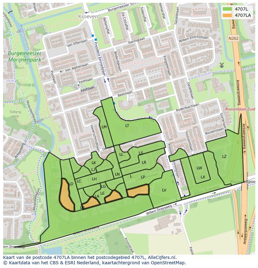 Afbeelding van het postcodegebied 4707 LA op de kaart.