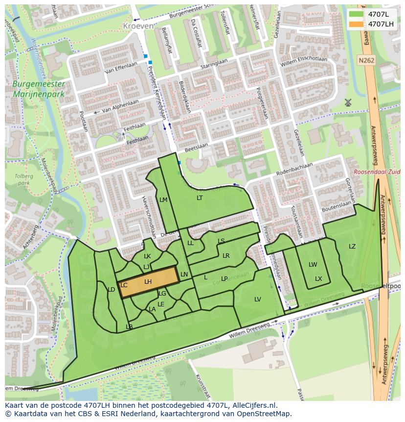 Afbeelding van het postcodegebied 4707 LH op de kaart.