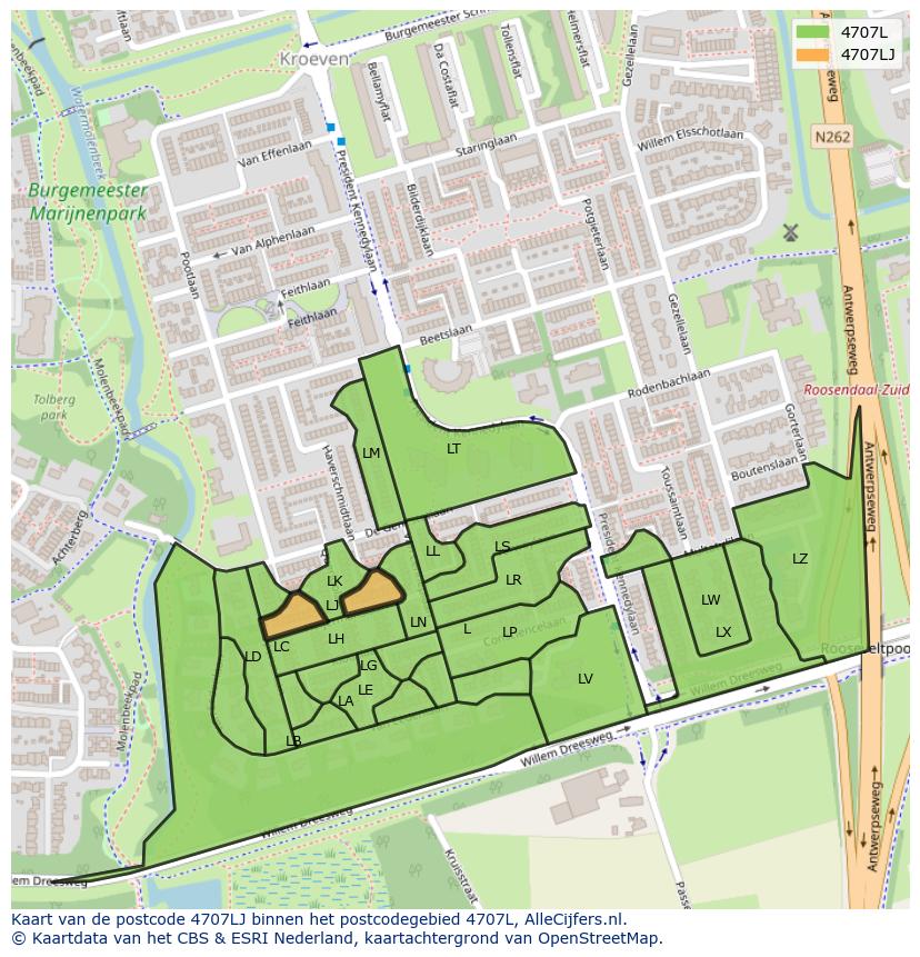 Afbeelding van het postcodegebied 4707 LJ op de kaart.