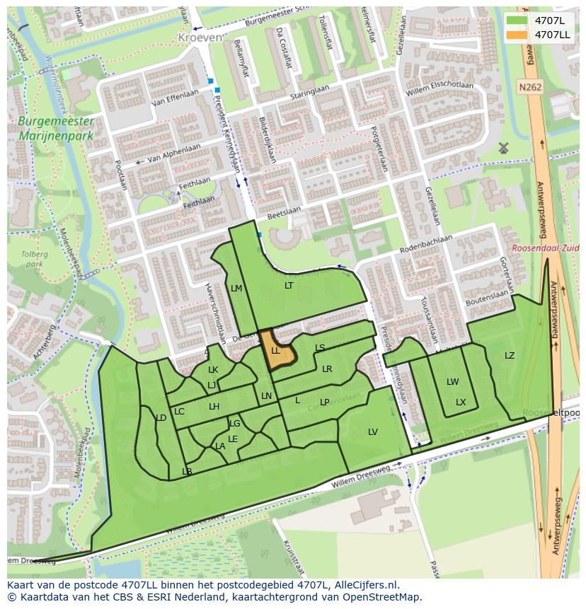 Afbeelding van het postcodegebied 4707 LL op de kaart.