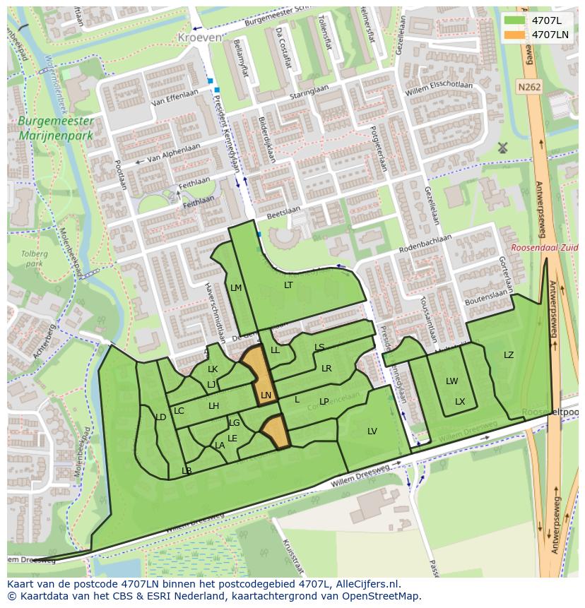 Afbeelding van het postcodegebied 4707 LN op de kaart.