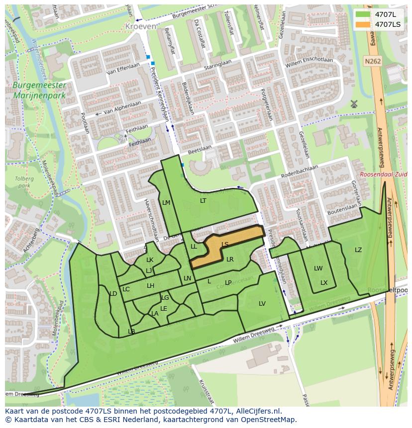 Afbeelding van het postcodegebied 4707 LS op de kaart.