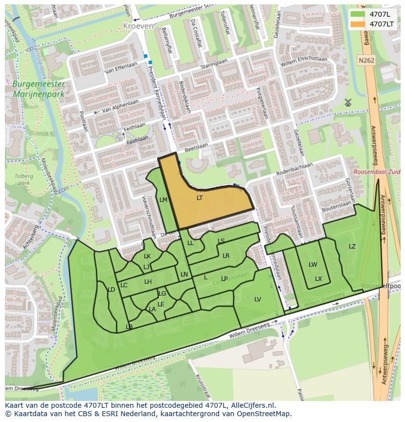 Afbeelding van het postcodegebied 4707 LT op de kaart.