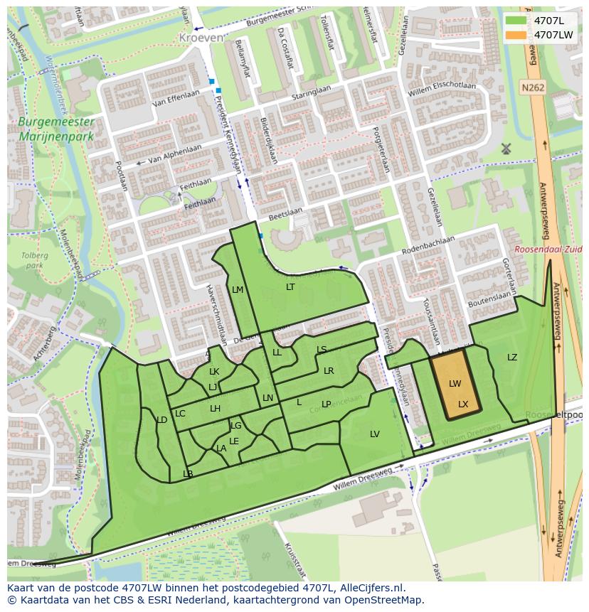 Afbeelding van het postcodegebied 4707 LW op de kaart.