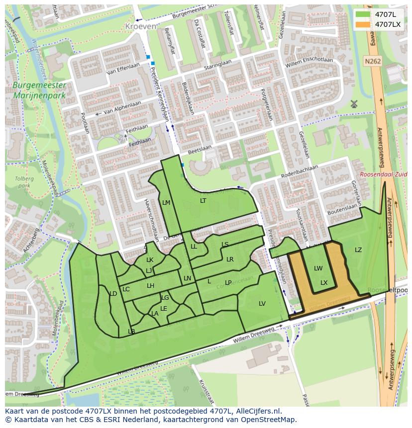 Afbeelding van het postcodegebied 4707 LX op de kaart.