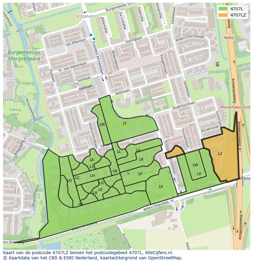 Afbeelding van het postcodegebied 4707 LZ op de kaart.